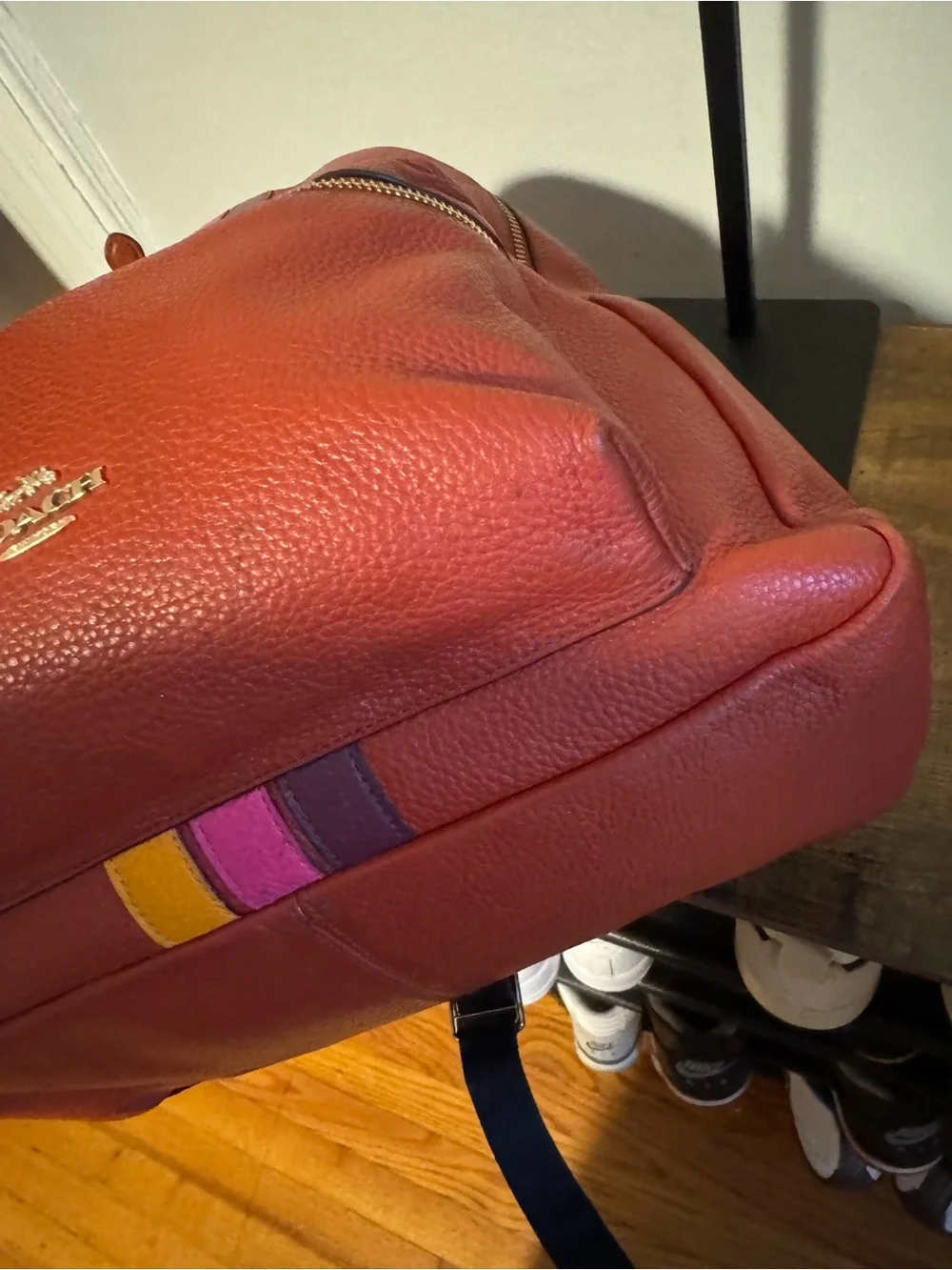 Coach Pebble Red/Wine Large Backpack with Color Stripe Accent Clean Conditions